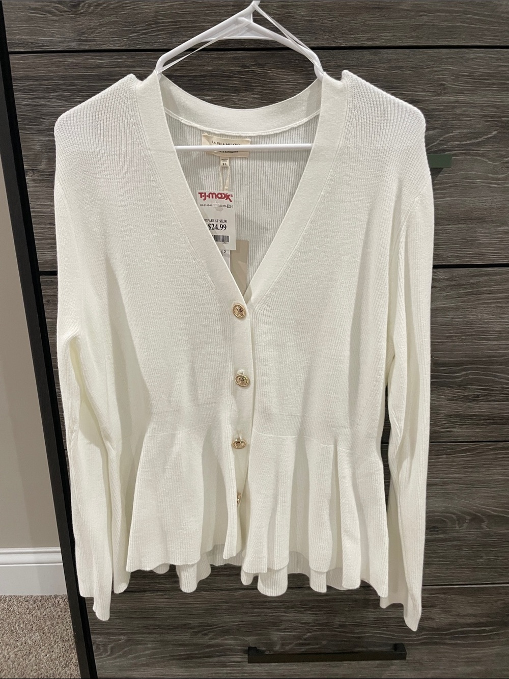 T.J.Maxx Ivory V-Neck Peplum Button Knit Sweater